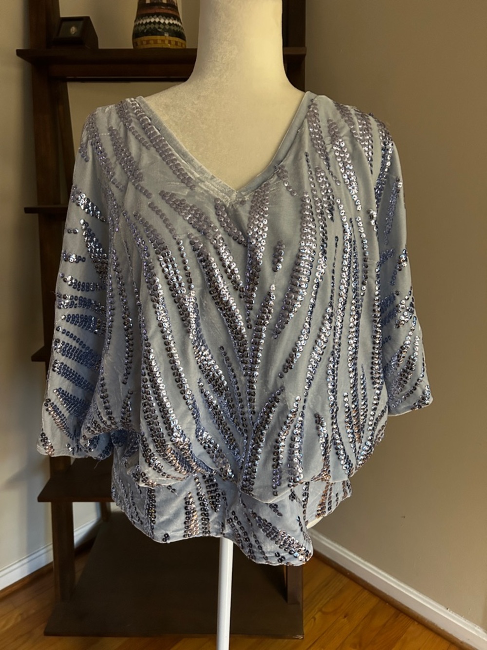 Alfani Light Blue Velvet Sequin V-Neck Dolman Top